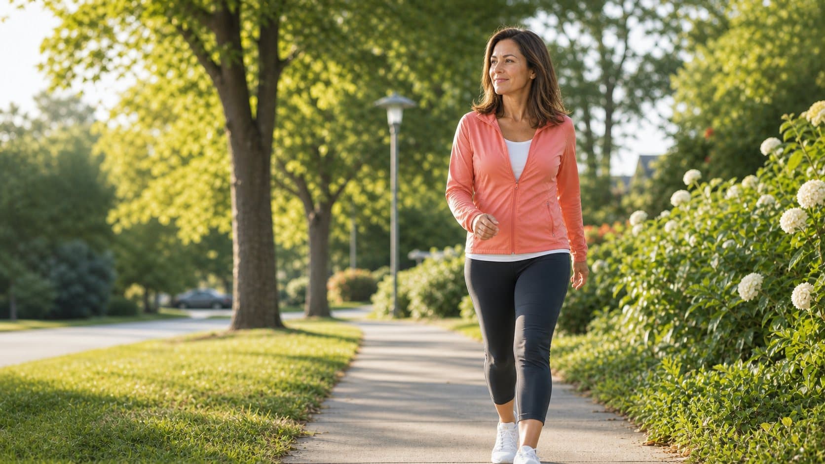 Sophia Bennett walking briskly on a sunny neighborhood path